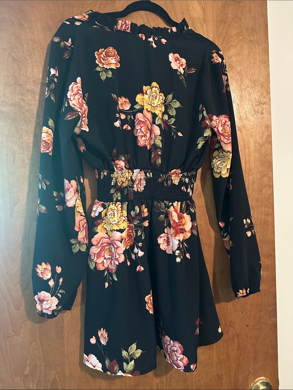 J for Justify Black Floral V-Neck Dress with Peach and Yellow Blooms - Picture 4 of 5
